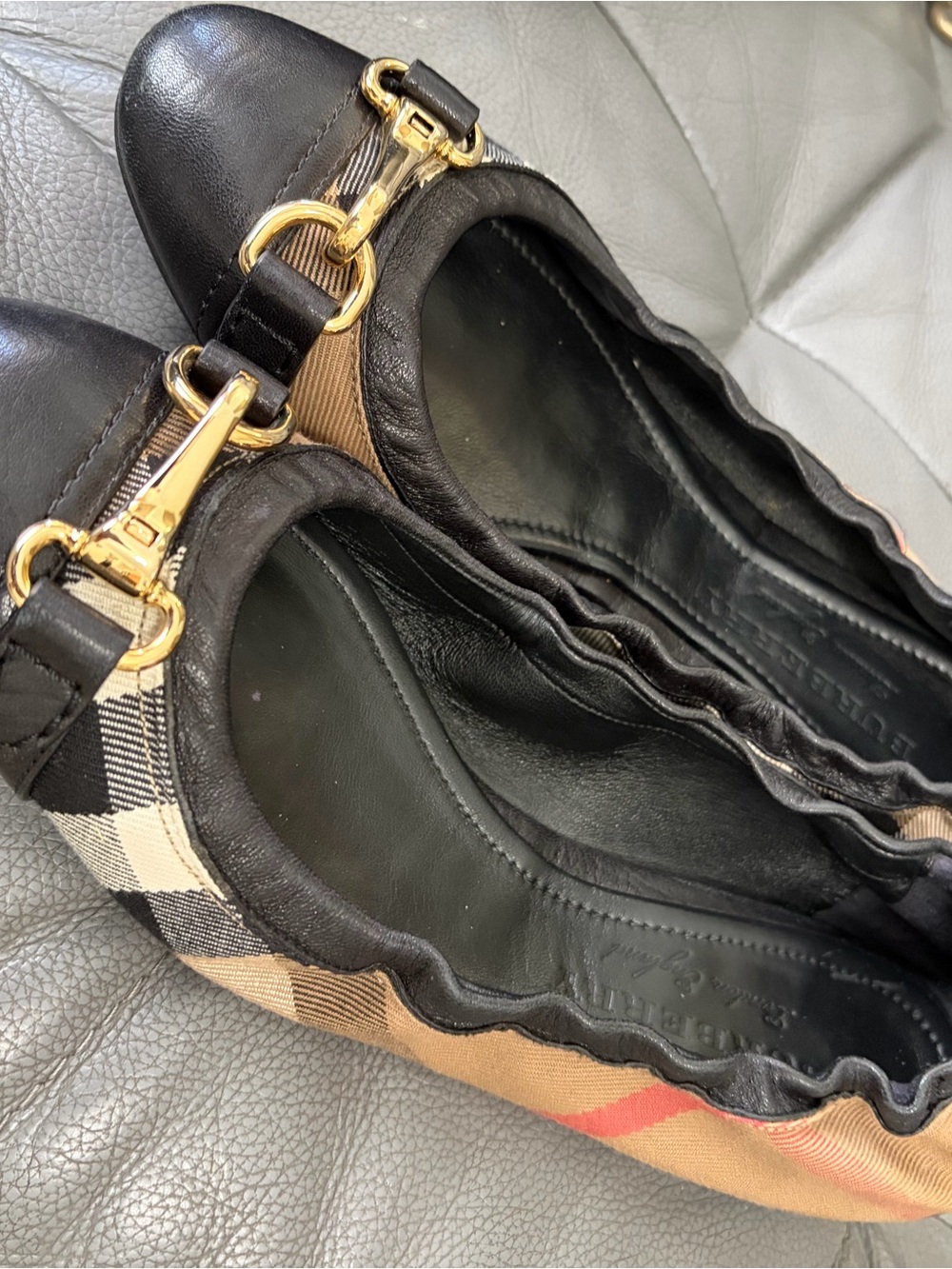 Burberry Black Leather & Beige Check Ballet Flats with Gold Buckle